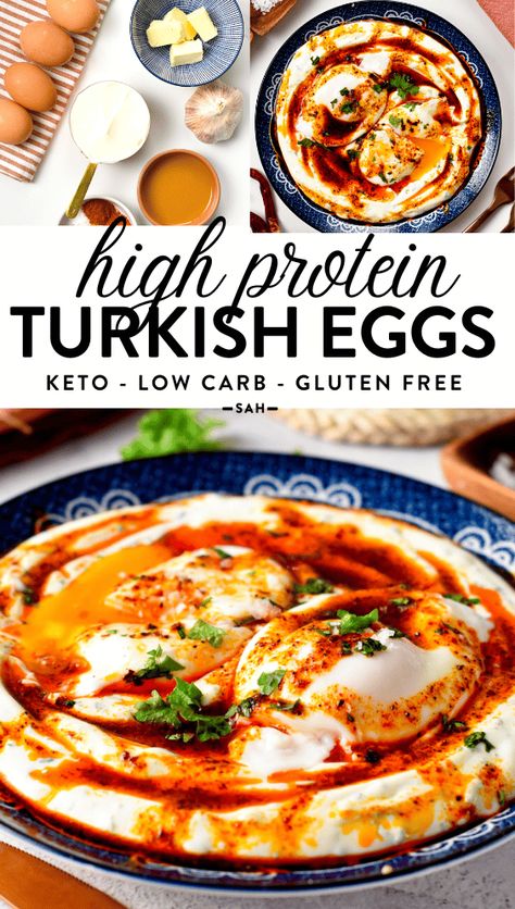 These Turkish Eggs also called Cilbir are the best high-protein low-carb breakfast ever packed with 25 g proteins. An ultra creamy garlic yogurt, topped with warm poached eggs and spicy Aleppo butter. Labneh Breakfast Ideas, Fitness Breakfast Ideas, Spicy Heavy Cream Eggs, High Protein Mediterranean Breakfast, 25g Protein Breakfast, Labneh Eggs, High Protein Egg Recipes, Turkish Eggs Recipe, Turkish Eggs Breakfast