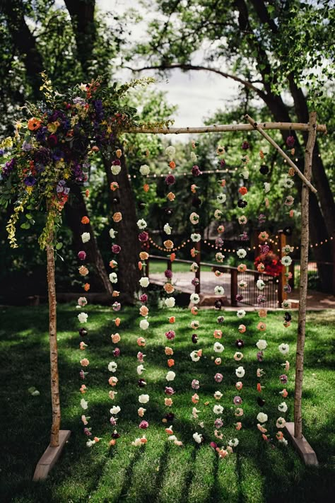 wedding altar with cascading flowers Wedding Arch Floor Decor, Hanging Flower Alter, Hanging Flowers Altar, Wedding Arch With Hanging Flowers, Hanging Flowers Ceremony, Wildflower Backdrop Wedding, Wooden Wedding Altar, Fall Mountain Wedding Decor, Diy Boho Wedding Decor