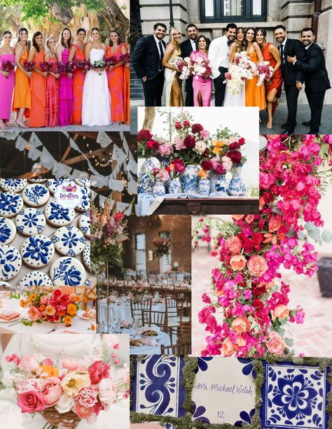 Spanish Style Bridal Party, Cancun Wedding Colors, Mexican Wedding Bridal Party, Mexican Theme Bridesmaid Dresses, Vibrant Mexican Wedding, Talavera Wedding Bridesmaids, Hacienda Wedding Bridesmaids, Latin Themed Wedding, Spain Themed Wedding