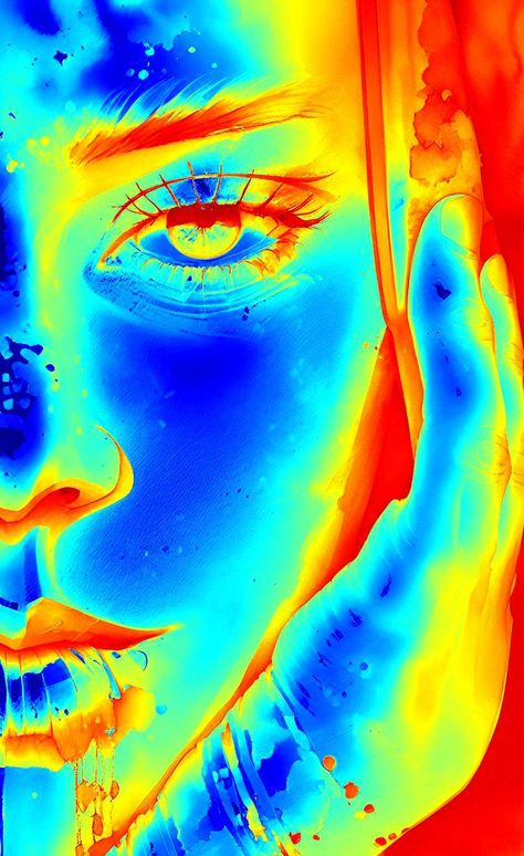 Triad Color Scheme Art, Portfolio Inspo Art, Bright Color Artwork, Colorful People Art, Funky Portrait Art, Thermal Camera Aesthetic, Ap Art Inspiration, Thermal Art Drawing, Body Heat Art