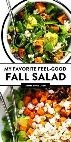 This Feel-Good Fall Salad recipe is made with roasted sweet potatoes, avocado, arugula, nuts, cheese and an easy lemon dressing. So delicious!! Autumn Salad Recipes, Fall Salad, Roasted Sweet Potato, One Pot Dinners, Autumn Salad, Fall Dinner Recipes, Salad Pasta, God Mat, Fall Dinner