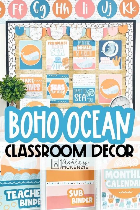 Boho Ocean Classroom, Ocean Classroom Decor, Preschool Classroom Themes, Ashley Mckenzie, Beach Theme Classroom, Nautical Classroom, Boho Ocean, Elementary Classroom Themes, Themed Classroom Decor