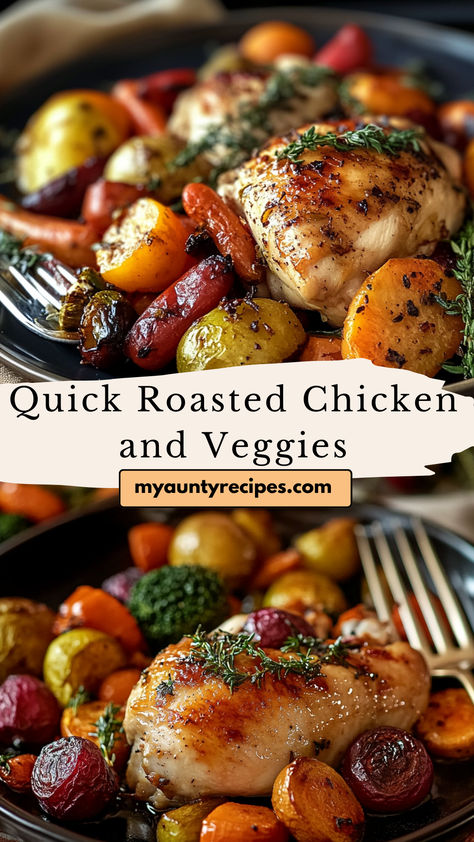 This Quick Roasted Chicken and Veggies recipe is the perfect solution for busy weeknights when you need a healthy, delicious meal in no time. Juicy chicken thighs are roasted to perfection with a medley of seasoned vegetables like carrots, zucchini, and potatoes, all in one pan. The result is a flavorful, crispy-skinned chicken with tender, roasted veggies that require minimal cleanup. Whether you’re meal prepping for the week or looking for a simple dinner idea One Pan Roasted Chicken And Potatoes, Chicken Zucchini Carrot Recipes, Chicken Potato Carrot Sheet Pan, Roasted Chicken And Vegetables One Pan, Roasted Chicken And Veggies One Pan, Chicken Legs And Veggies In The Oven, Chicken And Vegetable Sheet Pan Dinners, Chicken Carrots Potatoes Oven, Sheet Pan Chicken Broccoli And Potatoes