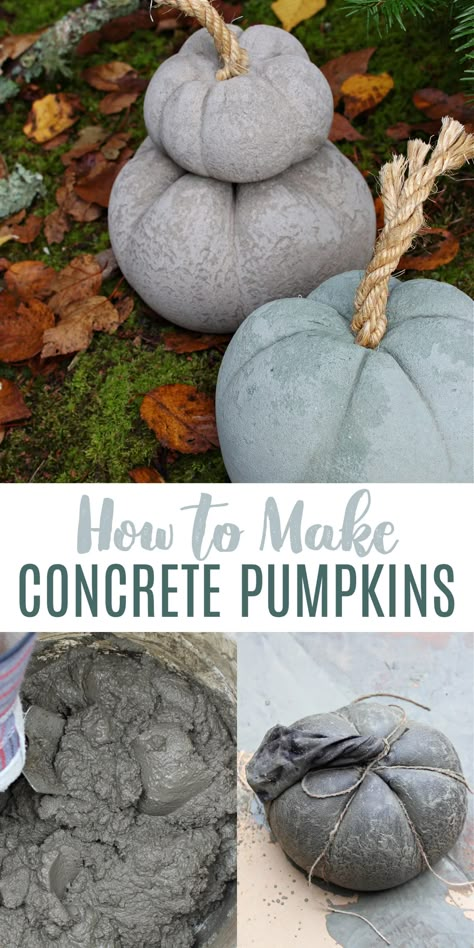 How to Make Concrete Pumpkins. Love concrete crafts? Check out the tutorial for these DIY concrete pumpkins! Cute concrete garden decor for fall. Learn how to make concrete pumpkins and find out how to dye concrete too! That grey blue pumpkin is made with dyed concrete. Find more DIY fall decor and DIY fall crafts for the home on the blog. Sharing lots of DIY fall decor that's easy to make and looks modern. How To Color Concrete, Cement Pumpkins, Concrete Pumpkins, Diy Fall Home Decor, Diy Pumpkins Crafts, Color Concrete, Cement Projects, Cement Diy, Concrete Diy Projects