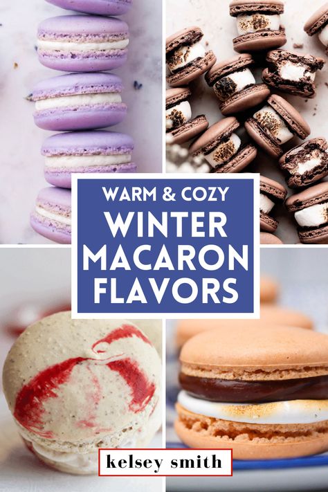 Four images in a grid. The top left image is three lavendar macarons stacked. The top right image shows several chocolate macarons on their side to show a toasted marshmallow filling. The bottom left image is a peppermint swirl macaron. The bottom right image is a s'mores macaron with ganache and marshmallow fluff filling. Macaron Christmas Flavors, Winter Macarons Flavors, Popular Macaron Flavors, Christmas Flavor Macarons, Macaron Recipe Christmas, Macaron Flavors Ideas Christmas, Maccarone Flavors, Hot Cocoa Macarons, Christmas Flavored Macarons