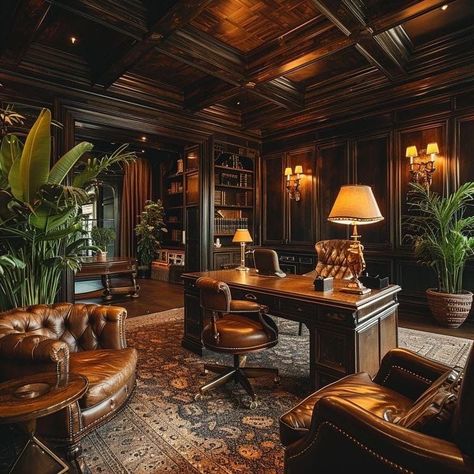 Dark Academia Interior, Executive Office Decor, Modern Home Offices, Cozy Office, Home Library Design, Luxury Office, Library Design, Home Office Setup, Home Library