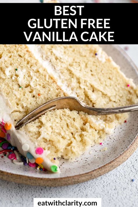 This is the best gluten free vanilla cake recipe. It's made in one bowl, dairy free and topped with a simple vanilla buttercream frosting. You can make it funfetti so it's the perfect cake recipe for a birthday or party. Best Gluten Free Vanilla Cake Recipe, Gluten Free Birthday Cake Recipe, Gluten Free Vanilla Cake Recipe, Dairy Free Vanilla Cake, Dairy Free Birthday Cake, Gluten Free Dairy Free Cake, Perfect Cake Recipe, Dairy Free Buttercream, Dairy Free Cake Recipe