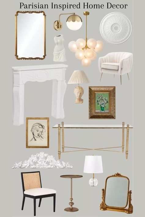 Add a touch of Parisian elegance to your home with this beautiful decor! This stylish look features gold accents throughout, such as a side table, wall hangings, a gold mirror, a chandelier, and a sconce. Bring the feel of the City of Love right into your home with this Parisian-inspired take on interior decor. Neutral Art Deco Living Room, French Parisian Living Room, Modern French Bedroom Decor, Baroque Decor Modern, Parisian Modern Bedroom, Modern Parisian Living Room, Modern Romantic Decor, Parisian Chic Interior Design, Modern Parisian Interior