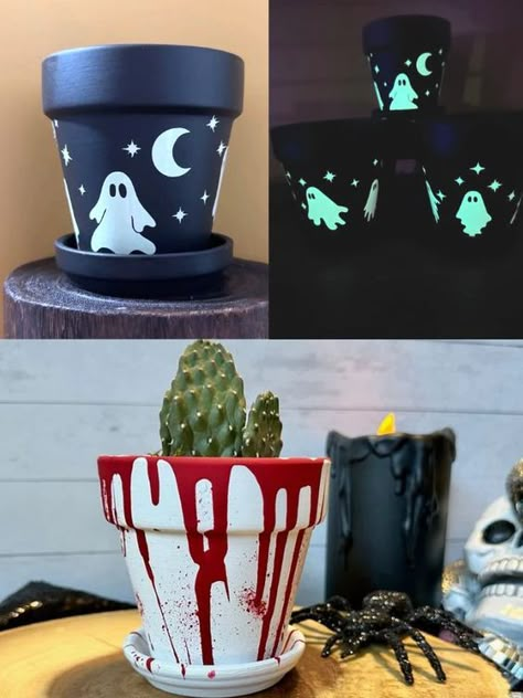 Halloween Terra Cotta Pots, Halloween Painted Plant Pots, Spooky Painted Pots, Halloween Painted Flower Pots, Halloween Plant Pot Ideas, Spooky Painted Flower Pots, Halloween Flower Pots Diy, Painted Clay Pots Ideas Diy, Horror Plant Pots