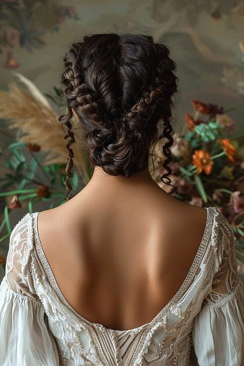 One wedding updo could be ideal for any bride. I’m passionate about this updo for wedding day photos. Add it to your wedding inspiration. Elaborate Braided Updo, Loose Side Braids, Stylish Updos, Greek Hair, Fae Aesthetic, Rope Braids, Medieval Hairstyles, Side French Braids, Shoulder Length Curly Hair