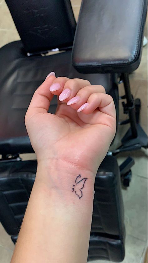 Butterfly Semicolon, Basic Tattoos, K Tattoo, Semicolon Tattoo, Small Pretty Tattoos, Petite Tattoos, Health Tattoo, Small Hand Tattoos, Cute Tattoos For Women