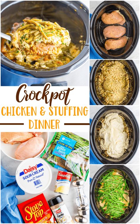 This Crock Pot Chicken and Stuffing Dinner is a whole meal in one. Chicken breasts, cream of chicken, sour cream, green beans and stuffing. Easy and delicious! Crock Pot Chicken And Stuffing With Green Beans, Crock Pot Chicken Stuffing Green Beans, Slow Cooker Chicken Stuffing Green Bean Casserole, Chicken Green Beans And Stuffing Crockpot, Slow Cooker Chicken And Stuffing With Green Beans, Chicken Stuffing Veggies Crockpot, Chicken Green Bean Stuffing Casserole Crock Pot, Creamy Crockpot Chicken Stuffing And Green Beans, Crockpot Chicken Stuffing And Green Beans