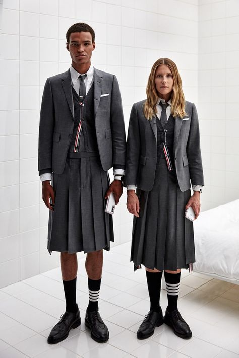 The limited-edition devices allow you to enter the world of Thom Browne, staying connected and stylish, and lets you be a part of a unique collaboration. Thom Browne Inspired Outfit, Thome Brown 2024, Thom Brown Skirt, Thome Brown Outfit, Thom Browne Outfit, Thom Browne Street Style, Brown School Uniform, Thome Brown, Male Skirt