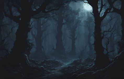 Dark Forest Background Illustration, Fantasy Dark Landscape, Dark Fantasy Background Landscape, Creepy Fantasy Forest, Scary Forest Art, Dark Fantasy Environment Concept Art, Spooky Forest Illustration, Spooky Forest Art, Scary Forest Background