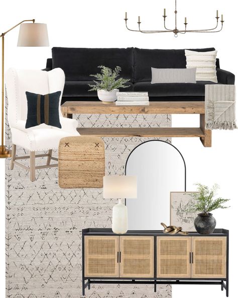 Living Room Mood Boards with Black, White and Wood Tones - Dear Lillie Studio Black Sofa Living Room Decor, Black Couch Living Room, Black Sofa Living Room, Black And White Living Room, Dear Lillie, Black Living Room, Brown Living Room, White Living Room, Black Sofa