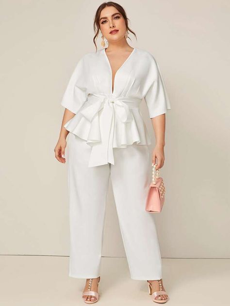 Plus Plunging Neck Tie Front Peplum Top and Pants Set | SHEIN USA White Peplum Top Outfit, Peplum Top And Pants, Peplum Top Outfits, Dress For Chubby, Wedding Pants, Outfit Elegantes, Plus Size Peplum, White Peplum Tops, Cute Short Dresses