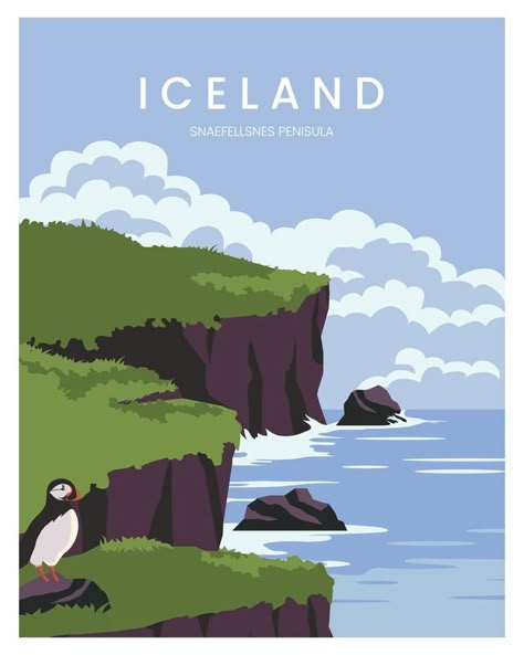 Snaefellsnes Peninsula Nature of Iceland vector illustration landscape background. vector illustration with minimalist style for poster, postcard. Iceland Tattoo, Houses In Sweden, Wedding Playing Cards, Icelandic Language, Scandinavian Illustration, Iceland Art, Happy Graphics, Land Of Fire And Ice, Scandinavian Poster