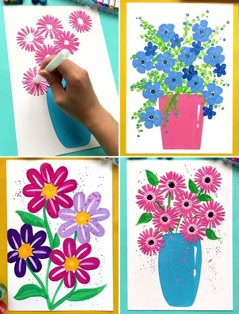 Smart Flower Painting Hacks for Kids | art, floral design | Cool Flower Painting Hacks and Art Ideas for Beginners! | By Activities For Kids | Facebook | Hello everyone, so here we are making a flower bouquet. For that first we are making the body of the flower pot with blue colour and then we are making flower designs by using this brush. Here we are using pink colour. You can use any colour you want and then we are detailing it with black and light pink colour and then we are growing the stems Flower Art Elementary, Pink Colour Activity For Preschool, Preschool Canvas Art Ideas, Flower Art For Preschool, Flower Painting For Kids, Flower Art Projects For Kids, Flower Art For Kids, Flower Painting Images, Cute Scenery