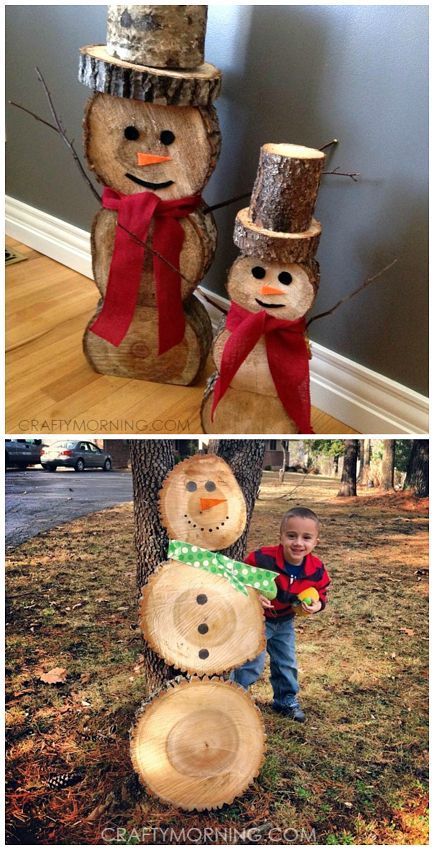 Wood Log Snowmen Decorations for Christmas and winter time! #winterdecorations #winter #wooddecorations #christmas #christmasdecorations Snowman With Wood Slices, Log Snowmen Diy Wood Slices, Log Snowman Diy Wood Slices, Log Slices Ideas, Log Snowmen, Log Snowman, Snowmen Decorations, Log Crafts, Wood Log Crafts