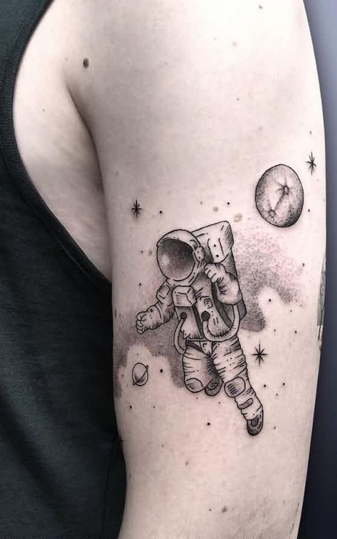 Astronaut floating in space. Astronaut Tattoos, Trash Polka Tattoos, Space Tattoos, Astronaut Tattoo, Circle Tattoos, Planet Tattoos, Galaxy Tattoo, Meaningful Tattoos For Women, Alien Tattoo