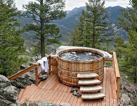 A Romantic Mountain Retreat in Colorado - Inspired By This Outdoor Hot Tub, Colorado Cabins, Soaking Tubs, Spa Design, Colorado Travel, Pikes Peak, Hot Tub Outdoor, Mountain Retreat, Mountain Cabin