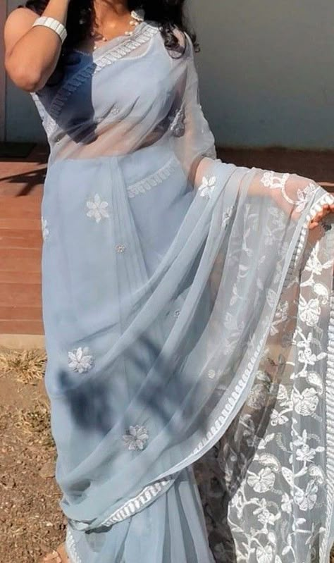 Light Blue Saree Aesthetic, Blue Saree Aesthetic, Grad Saree, Farewell Aesthetic, Light Blue Saree, Saree Aesthetics, Saree Outfits, Pretty Closet, Farewell Ideas