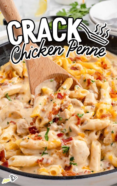 chicken penne garnished with parsley in a skillet Cracked Chicken Penne Pasta, Easy Pasta Dish For Large Group, Easy Large Dinner Ideas, Pasta Recipes For Large Groups, Cracked Chicken Penne, Smoked Chicken Pasta Recipes, Pasta For Large Groups, Crockpot Penne Pasta Recipes, Pre Cooked Chicken Recipes Easy