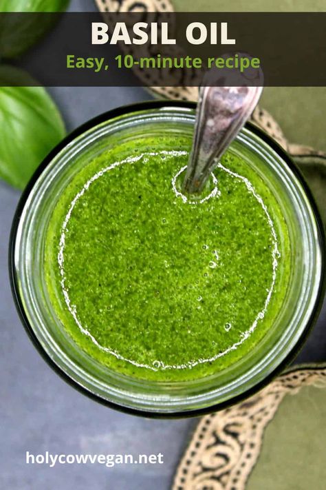 A delicious, four-ingredient basil oil to enhance your enjoyment of a summer bounty of fresh basil! It takes just about 10 minutes to mix it up and you can enjoy it with nearly any dish you can imagine. I just love dunking some of my crusty sourdough bread in it, but it's wonderful on salads and grilled veggies or stirred into pasta. #basiloil #holycowvegan Lemon Cupcake Recipe, Vegan Steak, Dinner Party Dishes, Impressive Dinner, Diy Food Gifts, Basil Oil, Basil Recipes, Natural Food Coloring, How To Make Pesto