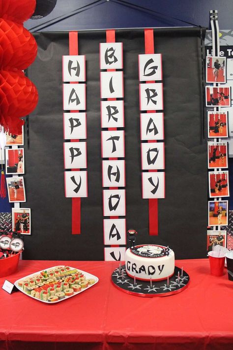 Ninja Party Ideas Decoration, Kung Fu Party Ideas, Tkd Birthday Party Ideas, Samurai Theme Party, Inuyasha Birthday Party Ideas, Japan Birthday Theme, Chinese Birthday Theme, Samurai Party Ideas, Anime Party Theme