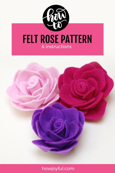 Learn how to make a rose out of felt with @howjoyful's FREE pattern Felt Flower Svg File Free, Felt Rose Tutorial, How To Make Felt Roses, Free Felt Flower Patterns, Felt Flower Patterns Free, Felt Rose Pattern, Felt Flower Pattern, Satin Stitch Flower, Felt Flower Template