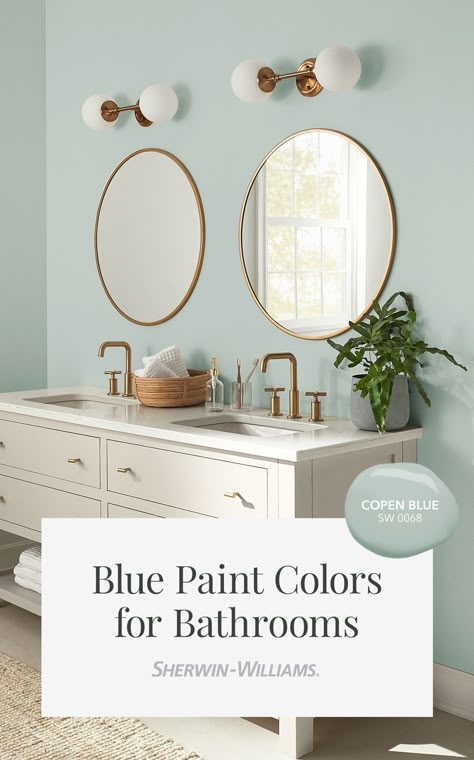 Bring spa-inspired luxury to your bathroom with a dusty blue like Copen Blue SW 0068 from Sherwin-Williams. Not too light, not too dark, this gentle blue is perfect for walls, cabinets, and more. To see this light blue paint color in your home, tap this pin to order a free color chip to be delivered in the mail. #sherwinwilliams #bathroom #lightblue #blue #bluebathroom #colorinspiration #interiordesign #decor Blue Bathroom Paint Colors, Light Blue Bathroom Paint, Light Blue Paint Color, Bathroom Paint Colors Blue, Paint Colors Blue, Blue Bathroom Paint, Blue Bathroom Walls, Light Blue Paint, Bathroom Wall Colors