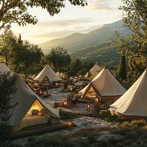 🏕️✨ Escape to a Luxurious Glamping Oasis✨🌅 Imagine yourself in a beautiful natural haven, surrounded by cozy bell tents and elegant safari-style tents, each uniquely designed for comfort and style. With mountains in the distance and a golden sunset casting a warm glow, this is the ultimate outdoor retreat. 🌄💫 Every detail has been thoughtfully crafted—from rustic wooden furniture and soft bedding to gentle lighting that brings a sense of tranquility to the scene. It’s the perfect blend of l... Glamping Tent Set Up, Glamping Tents Ideas, Camp Set Up, Glamping Honeymoon, Luxury Campsite, Camping Landscape, Gentle Lighting, Yurt Camping, House Spa