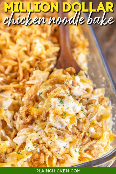 Million Dollar Chicken Noodle Bake – GREAT weeknight chicken casserole. Super easy to make and tastes like a million bucks!! Can make ahead and freeze for a quick meal later! Egg noodles, cooked chicken, cottage cheese, cream cheese, cream of chicken soup, sour cream, onion, garlic, cheddar cheese, and french fried onions. Everyone cleaned their plate and went back for seconds! Chicken Noodle Bake, Food Casseroles, Chicken And Egg Noodles, Noodle Bake, Million Dollar Chicken, Egg Noodle Recipes, Chicken Noodle Casserole, French Fried Onions, Plain Chicken