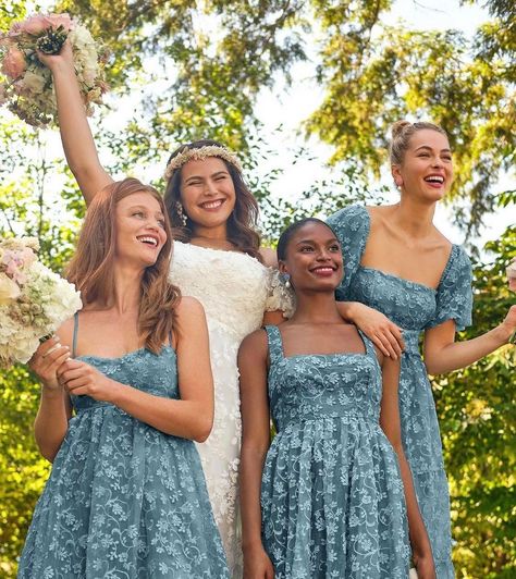 The Cutest 7 Brands Like Needle And Thread To Know - CLOSSFASHION Wedding No Bouquet, Garden Party Bridesmaid Dress Blue, Bridesmaid Aesthetic Blue, Elegant Outfit For Wedding Guest, Cottagecore Bridesmaid Dress, Bridesmaid Aesthetic, Patterned Bridesmaid, Mix Match Bridesmaids, Patterned Bridesmaid Dresses