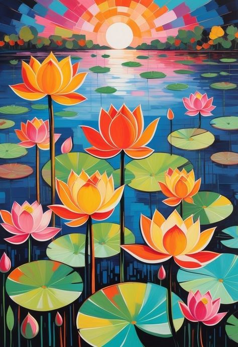 Water Lily Painting Watercolors, Abstract Lotus Painting, Sun Painting Acrylic, Lotus Painting Acrylic, Lotus Canvas Painting, Lotus Paintings, Lotus Flower Painting, Lotus Flower Pictures, Lotus Flower Art