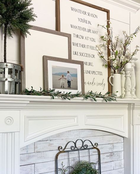 All Things Home • DIY on Instagram: “Hey friends!! Want some mantle styling ideas? I’m showing you 3 different ways I styled my mantle using these amazing frames from…” Stacked Frames On Mantle, Family Photos On Fireplace Mantle, Family Picture Over Fireplace, Mantle Decor With Family Portrait, Gallery Wall Above Mantle, Mantle With Large Picture, Mantle Decor With Pictures Family Photos, Mantel Picture Display, Layered Pictures On Mantle