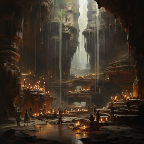 2) oil on canvas of the inside of an enormous underground cavern lit with torches --c 25 #nft #AI #art #painting #nftartist #AIartgallery #DigitalArt #artwork #AIart #generativeart #GenerativeAI #artwork #artist #artistsofinstagram Underground Town Fantasy Art, Underground World Concept Art, Fantasy Cavern Art, Underground Cave Fantasy Art, Underground Caves Fantasy Art, Underground Kingdom Fantasy Art, Cave Interior Concept Art, Fantasy Cave Aesthetic, Cavern Fantasy Art