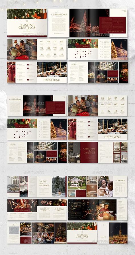 Events Brochure Design, Christmas Brochure Design, Brochure Aesthetic, Catalog Design Inspiration, Booklet Design Layout, Catalog Cover Design, Christmas Powerpoint Template, Set Design Photography, Christmas Brochure