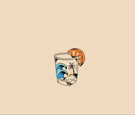 Beach tattoo shot glass orange godpuppet art Small Tequila Shot Tattoo, Alcohol Glass Tattoo, Beach Vacation Tattoo Ideas, Shot Glass Tattoo Ideas, Beach Tattoo Men, Tequila Tattoo Ideas, Margarita Glass Tattoo, Tequila Shot Tattoo, Shot Glass Tattoo