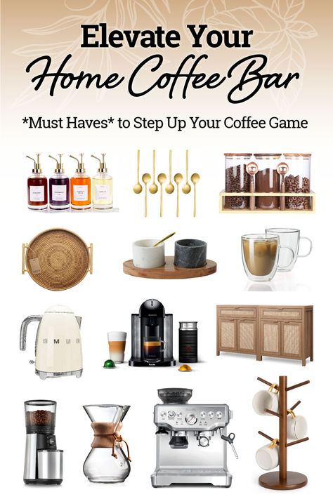 Elevate your coffee game with our top picks for your Home Coffee Bar ☕ Coffee Mini Bar, Home Coffee Bar Ideas Kitchen Counters, Home Bar And Coffee Station, Coffee Station Must Haves, Coffee Corner Styling, Accessories For A Coffee Station, Mini Coffee Corner, Coffee Bar Needs, Coffee Bar Must Haves Products