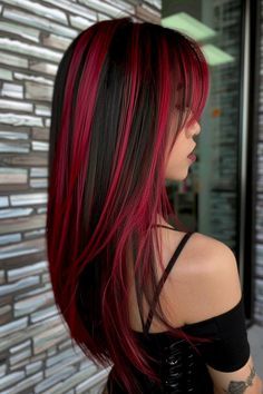 Dark Brown Hair With Red Chunky Highlights, Black And Different Color Hair, Black Hair With Cherry Red Underneath, Red And Black Half Up Half Down, Chucky Red Highlights, Cherry Red Hair With Black Highlights, Bright Red Hair Dye Ideas, Colors For Hair Ideas, Black Fading Into Red Hair