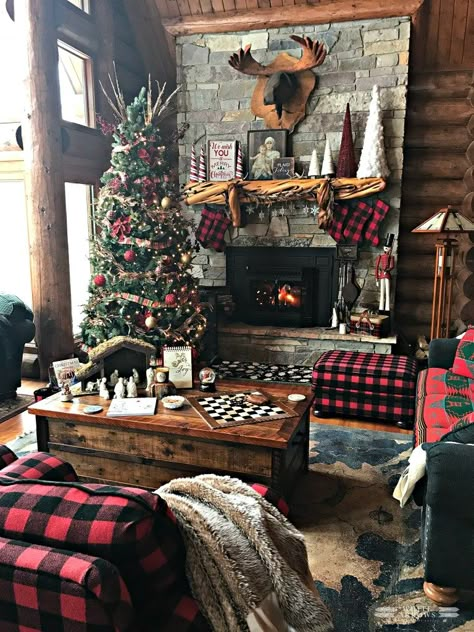 Christmas Mantle, Log Cabin, Cabin, Buffalo Plaid, Rustic Christmas, Stone Fireplace Fireside Seating, Big Cabin, Cabin Christmas Decor, Log Cabin Christmas, Lake Cabin Decor, Hockey Tournament, Christmas Lodge, Christmas Cabin, Casa Country