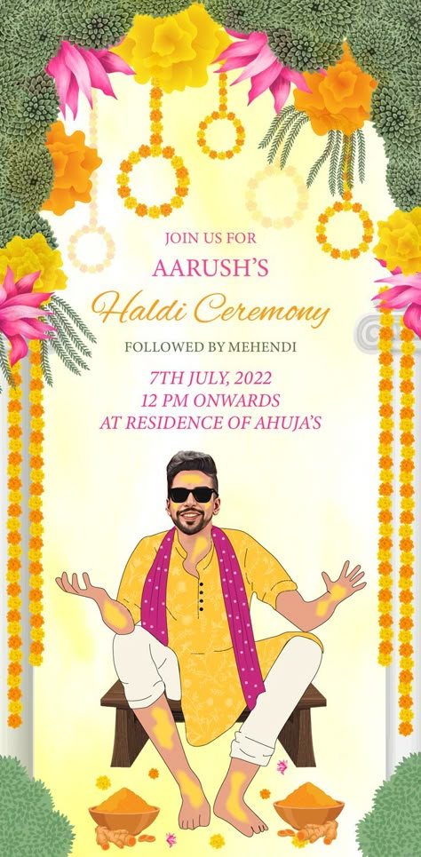 Haldi Ceremony Card Template, Haldi Ceremony Card Design, Haldi Caricature Invite, Haldi Ceremony Of Groom, Haldi Ceremony Groom, Haldi Groom Illustration, Haldi Invitation Card Template Blank, Haldi Ceremony Poster Design, Groom Haldi Invitation Card Template