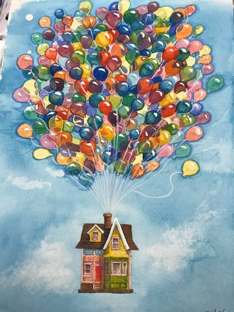 Up Disney Painting, The Up House Drawing, Up House Watercolor, Up The Movie Drawings, Up Art Pixar, Movie Up Painting, House From Up Painting, House From Up, Up Painting Disney