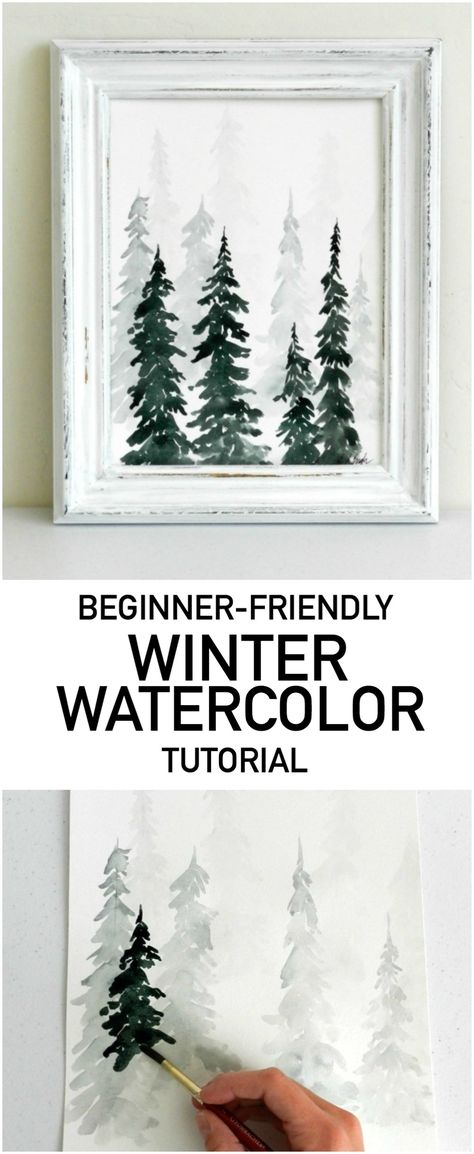 Pine Watercolor, Painting Trees, Watercolor Winter, Winter Watercolor, Forest Painting, 수채화 그림, Pine Forest, Watercolor Inspiration, Watercolour Tutorials