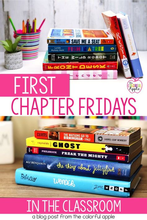 Get ready to start First Chapter Friday in your elementary or middle school classroom!  Reading just the first chapter of a novel will get kids excited about their independent reading books.  On the blog, there is a free printable book list for you to download!  The blog post also provides tips and strategies on how to get started with First Chapter Friday and how to make it successful in your classroom. Motivate and inspire all your readers! (fourth grade fifth grade sixth grade seventh grade) Writing Folders Middle School, Read 180 Classroom Setup Middle School, Middle School Read Alouds, Third Grade Classroom Library, Middle School Classroom Library Ideas, 5th Grade Books To Read, Classroom Library Middle School, Middle School Reading Classroom Decor, 3rd Grade Reading Classroom