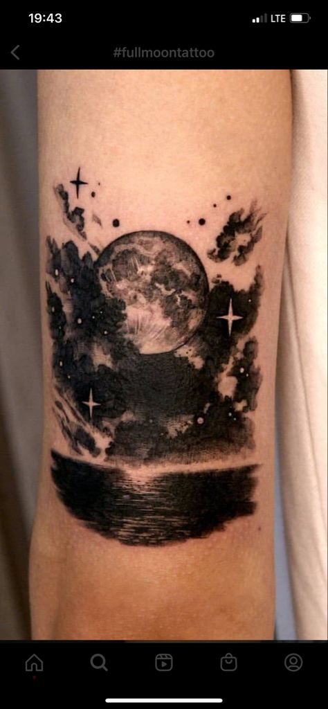 Night Cloud Tattoo, Negative Space Night Sky Tattoo, Beach Night Tattoo, Earth And Sky Tattoo, Moon Scene Tattoo, Night Ocean Tattoo, Night Time Tattoo Ideas, Cloud Cover Up Tattoo, Nightsky Tattoo Ideas