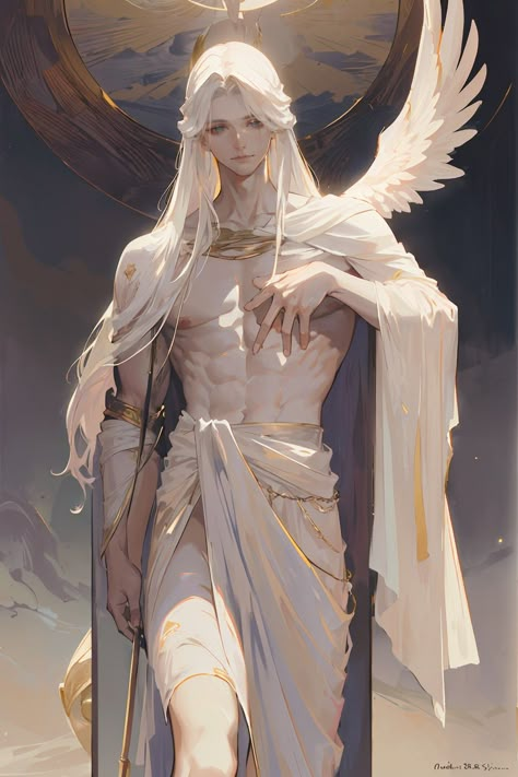 Angel Original Character, Wings Angel Drawing, Guardian Angel Character Design, Mr Huge Face, Robe Drawing References, White Long Hair Men, Boy With Long Hair Drawing, 6 Winged Angel, Angel Male Art