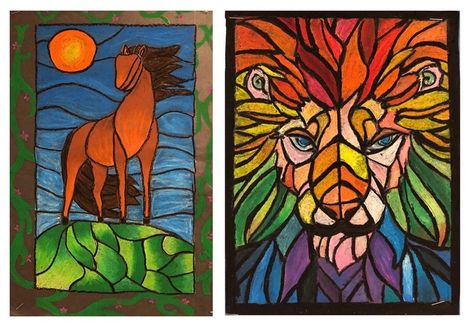 Rachel Albert on Instagram: “Some of the finished 7th grade faux stained glass oil pastel artwork. They rocked it! #ilovemyjob #artteachersofinstagram #artteacher…” Oil Pastel Stained Glass Art, Oil Pastel Art Lessons Middle School, Stained Glass Oil Pastel, Oil Pastel Middle School, Oil Pastel Projects For Middle School, Oil Pastel Projects High School, 7th Grade Art Lessons, 7th Grade Art Projects, Nile Art