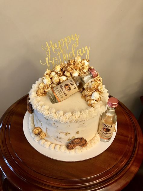 Tito’s vodka birthday cake. Caramel popcorn and Samoa’s added some character to this cake. 53 Birthday Cake, Titos Cake Design, Tito’s Vodka Birthday Cake, Birthday Cake Alcohol Theme, Titos Birthday Cake Ideas, Vodka Birthday Cake, Birthday Cake Vodka, Country Birthday Cakes, Alcohol Birthday Cake